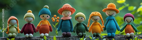 Colorful crocheted family dolls in nature background Handmade toy figures with cheerful expressions, environmental outdoor scenery photo