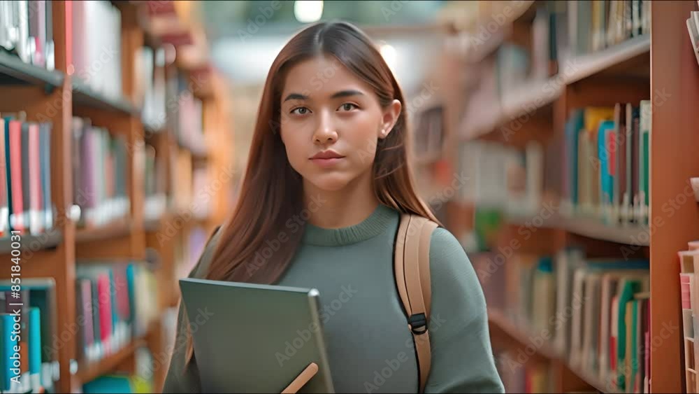 Standing in the centre of the library is an Asian girl student with long hair. He attends a renowned school in the country and carries a labtop. Standing in the centre of the library is an Asian girl student with long hair. He attends a renowned school in the country and carries a labtop.