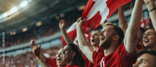 Denmark football supporter fans cheering with confetti watching soccer match event at stadium - Young people group with red t-shirts having excited fun on sport european championship concept