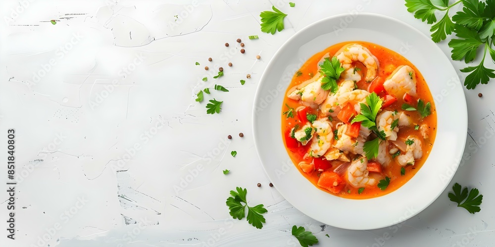 Moqueca Baiana Brazilian Fish Stew on a White Background. Concept Brazilian Cuisine, Moqueca Baiana, Fish Stew Recipe, Traditional Dish, White Background Photography Moqueca Baiana Brazilian Fish Stew on a White Background. Concept Brazilian Cuisine, Moqueca Baiana, Fish Stew Recipe, Traditional Dish, White Background Photography