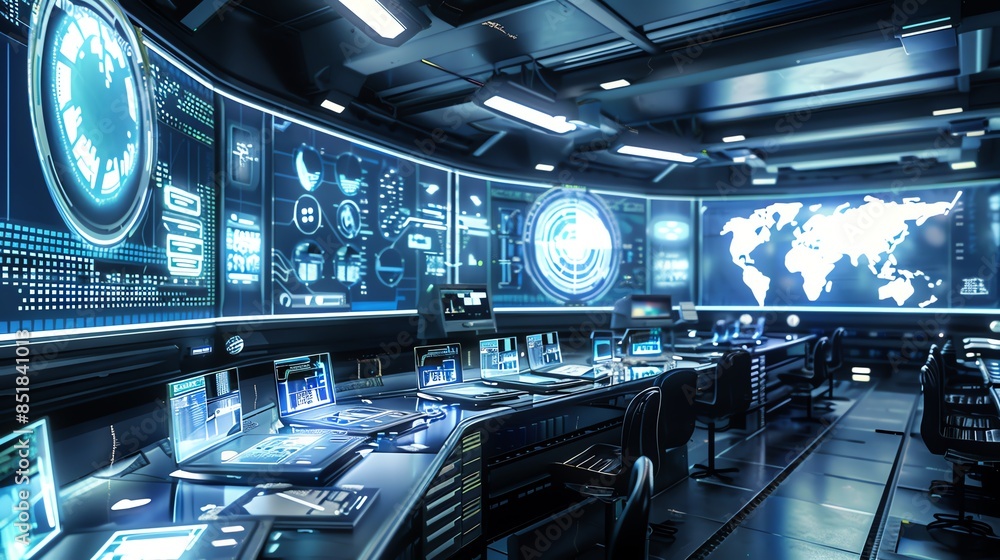 A futuristic classroom with holographic screens A futuristic classroom with holographic screens