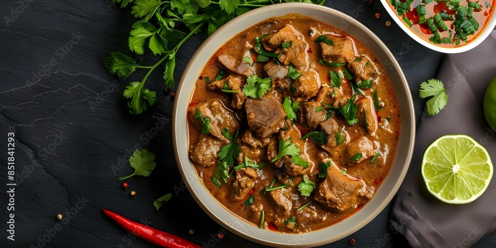 Bangladeshi Beef Curry with Vibrant Green Herbs and Spices. Concept Bangladeshi Cuisine, Beef Curry, Herbs and Spices, Vibrant Colors Bangladeshi Beef Curry with Vibrant Green Herbs and Spices. Concept Bangladeshi Cuisine, Beef Curry, Herbs and Spices, Vibrant Colors