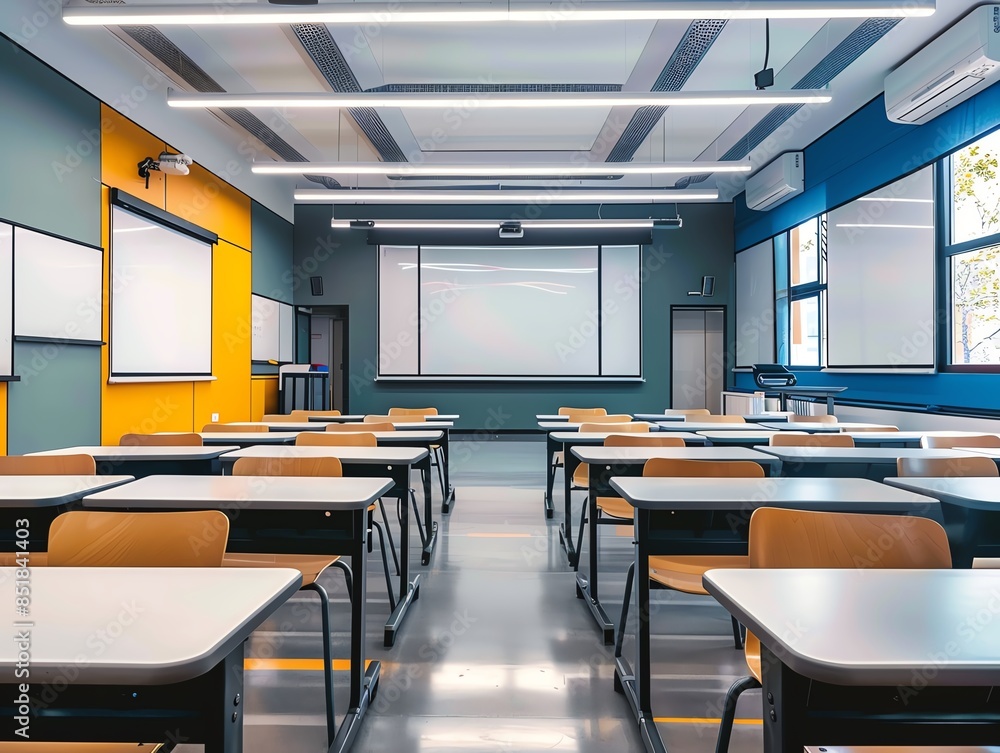 A modern classroom with interactive whiteboards A modern classroom with interactive whiteboards