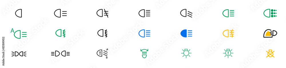 Automotive lighting linear icons set. Headlight, indicator, collection of simple dashboard symbols. Vector