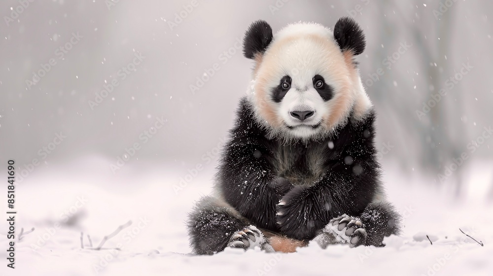 Fototapeta premium Relaxing Panda A panda sitting and eating bamboo in a minimal white space