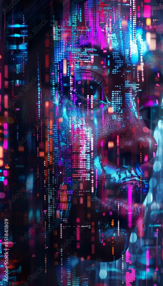 Fototapeta premium Vibrant digital hologram of black woman s face among glowing data streams for realistic effect