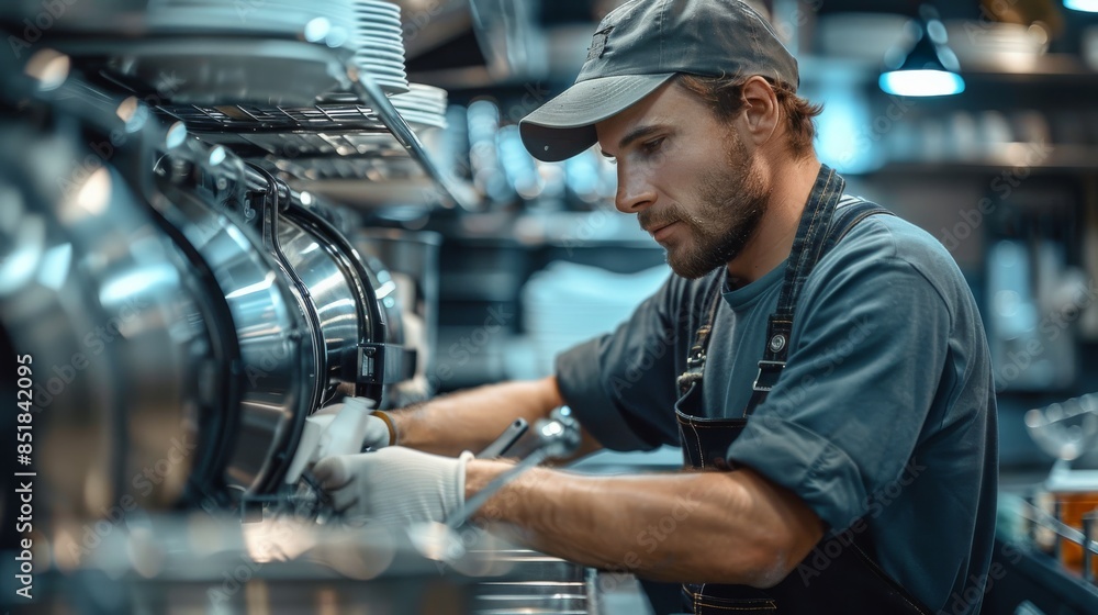 Appliance repair technician working in kitchen. Generative AI. Appliance repair technician working in kitchen. Generative AI.