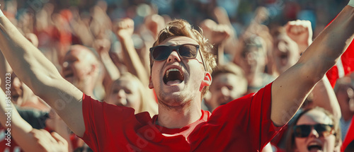Denmark football supporter fans cheering with confetti watching soccer match event at stadium - Young people group with red t-shirts having excited fun on sport european championship concept © AriyaniAI