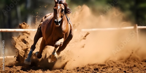 Red horse dramatically skidding in barrel race no human rider kicking up dirt. Concept Assuming that you're describing a photo or scene that you want to depict through photography or art