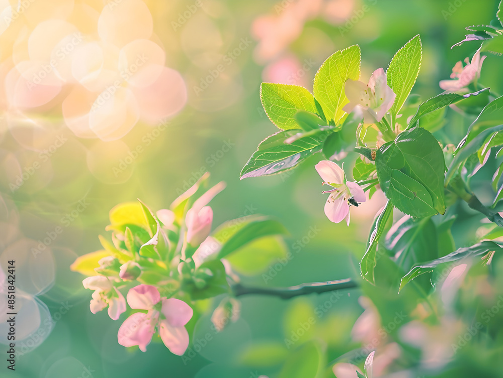 Serene Spring Beauty: Close-Up of Fresh Green Leaves, Blooming Flowers, and Insects in Vibrant Surroundings with Soft Light Serene Spring Beauty: Close-Up of Fresh Green Leaves, Blooming Flowers, and Insects in Vibrant Surroundings with Soft Light