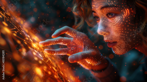 Big data technology and data science with person touching data flowing on virtual screen. Business analytics, artificial intelligence, machine learning. Engineer or scientist analyzing stream of data.