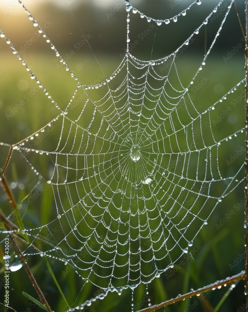A macro shot of a spider web covered in morning dew, with droplets glistening in the sunlight.