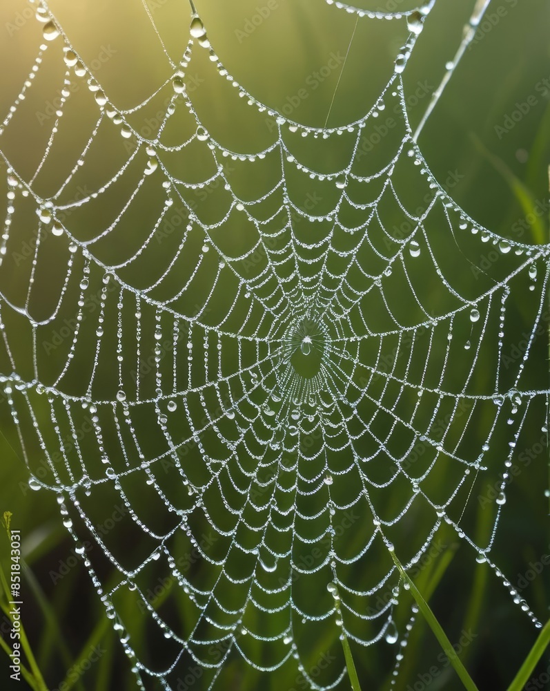 A macro shot of a spider web covered in morning dew, with droplets glistening in the sunlight. A macro shot of a spider web covered in morning dew, with droplets glistening in the sunlight.