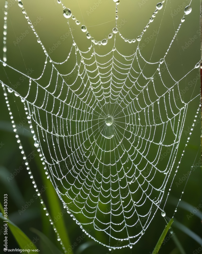 A macro shot of a spider web covered in morning dew, with droplets glistening in the sunlight. A macro shot of a spider web covered in morning dew, with droplets glistening in the sunlight.