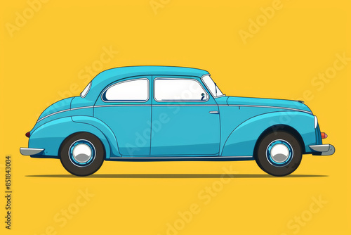 flat illustration of blue vintage car on yellow background photo