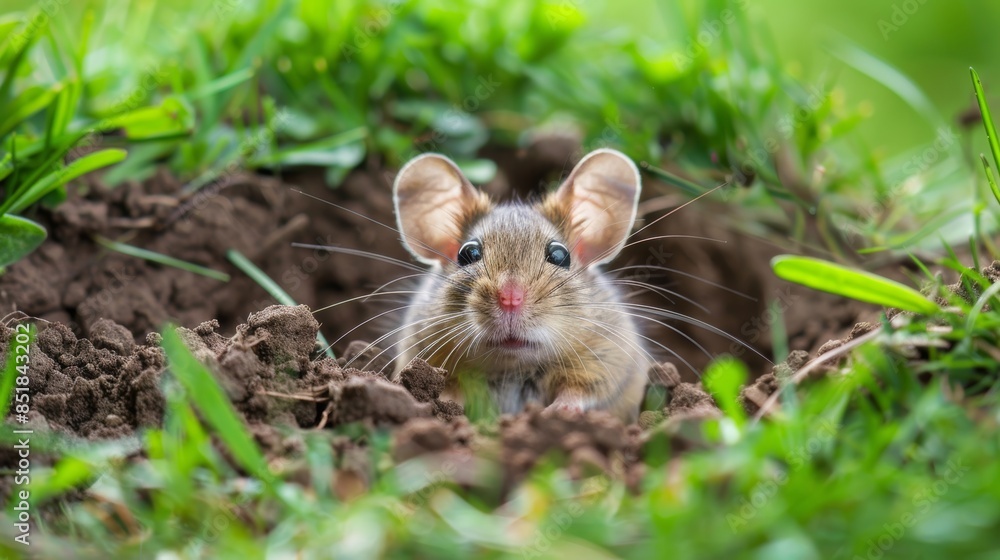 A cute field mouse emerging from a hole in the ground surrounded by green vegetation, looking curiously at the camera A cute field mouse emerging from a hole in the ground surrounded by green vegetation, looking curiously at the camera