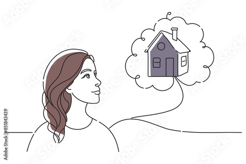 A woman dreaming of renovation, doodle continuous line art vector illustration