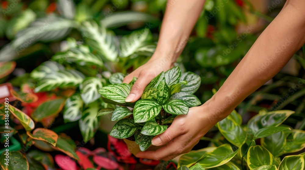 Close-up of hands nurturing a vibrant potted plant amidst a lush foliage background Close-up of hands nurturing a vibrant potted plant amidst a lush foliage background