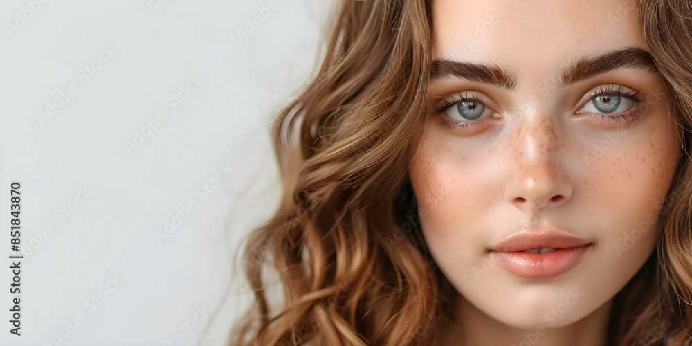 Fototapeta premium Elegant Brunette with Curled Hair and Timeless Makeup Emphasizing Her Natural Beauty. Concept Portraiture, Classic Beauty, Glamorous Hairstyle, Timeless Makeup