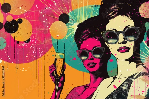 An eye-catching pop art style image of two women in retro fashion holding glasses, set against a backdrop of colorful, abstract circles and lines.