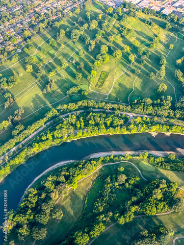 A golf course on both sides of the White River in Indianapolis, Indiana