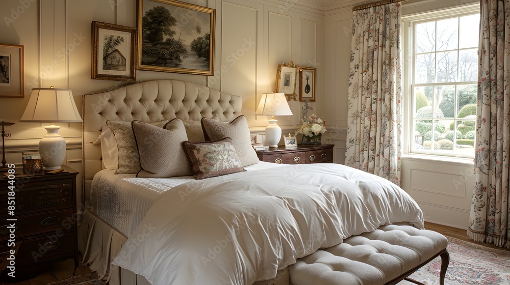 Fototapeta premium Elegant and cozy bedroom interior with a classic design and natural light streaming through the windows.