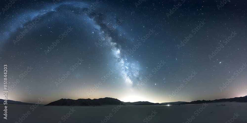 Fototapeta premium The Milky Way arching over a desert landscape with the Earth's zodiacal light visible. Concept Astrophotography, Night Sky, Desert Landscape, Milky Way, Zodiacal Light