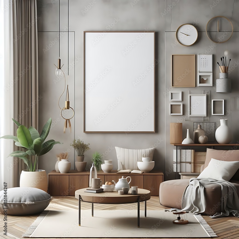 A living room style interior set design with a mockup poster empty white and with a large picture frame decoration creative professional. A living room style interior set design with a mockup poster empty white and with a large picture frame decoration creative professional.