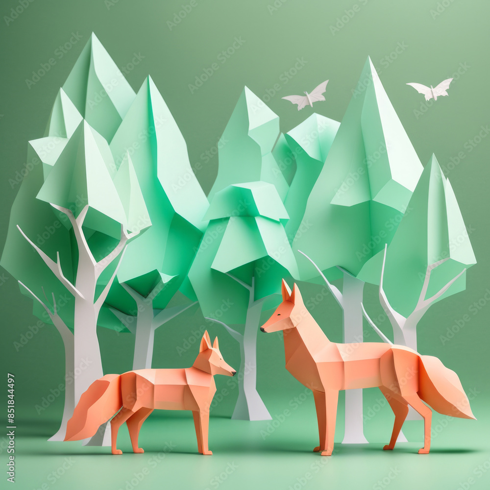 Obraz premium Paper art forest with origami foxes