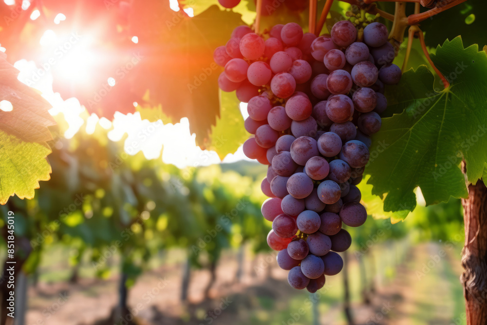Naklejka premium Lush grapes on the vine bask in the golden sunlight of a tranquil vineyard