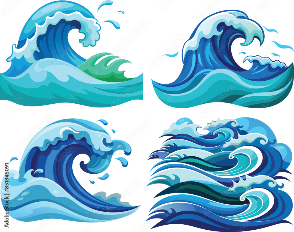 Set of four blue ocean waves breaking, splashing and curling Set of four blue ocean waves breaking, splashing and curling