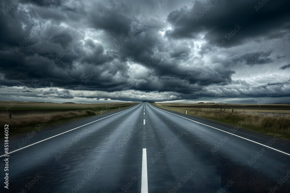 Naklejka premium Dark road with stormy sky, long distance view. A wide highway leading into the horizon under dark clouds and lightning 