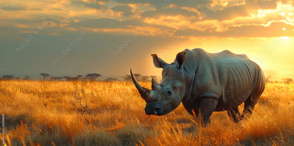 Fototapeta premium Magnificent white rhinoceros grazing peacefully on the savannah, its horn glinting in the sunlight. Generative AI.