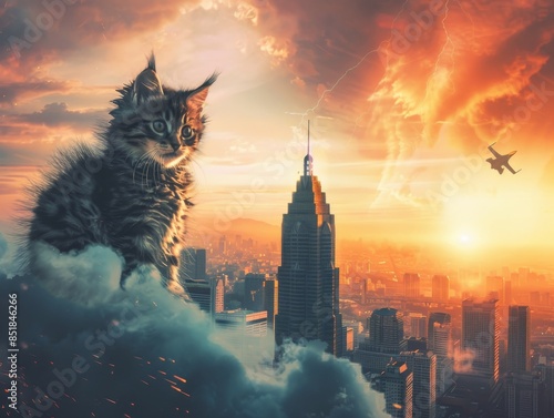 Medium shot of giant catzilla on the city, cat with godzilla body.  photo