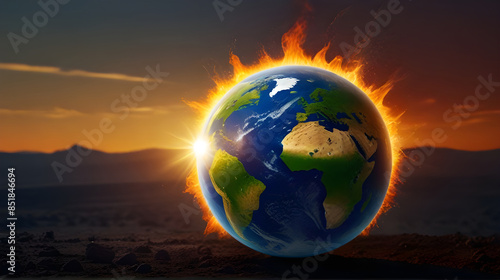 The sun shines on the earth until hot as fire. Global warming causes people to have an impact on dry land and low yields of crops with a lot of dust.