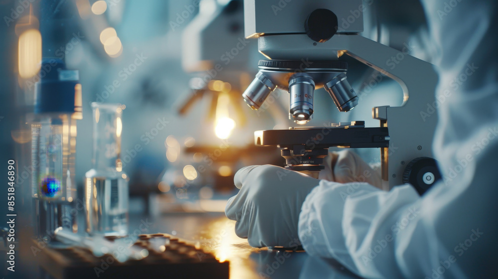 Scientist wearing a lab coat and gloves is using a microscope to analyze samples in a modern laboratory Scientist wearing a lab coat and gloves is using a microscope to analyze samples in a modern laboratory