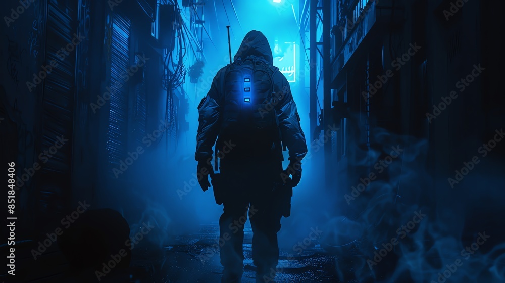 An eerie ghost hunter equipped with futuristic tech in a dark, haunted alley Focus on dramatic lighting and shadow play for a suspenseful atmosphere, surreal and haunting An eerie ghost hunter equipped with futuristic tech in a dark, haunted alley Focus on dramatic lighting and shadow play for a suspenseful atmosphere, surreal and haunting