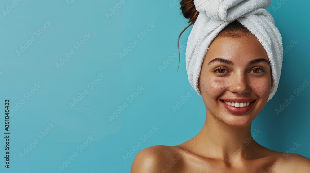 Studio portrait, hair towel, woman, blue background, beautiful face. Woman with head towel, clean shower, dermatology, pleasant spa, grin, and facial in bathroom. Studio portrait, hair towel, woman, blue background, beautiful face. Woman with head towel, clean shower, dermatology, pleasant spa, grin, and facial in bathroom.