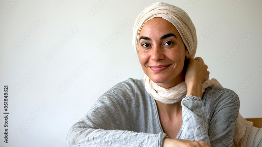 Natural light portrait of a smiling woman wearing a headscarf and a gray top, sitting casually against a plain background. Ideal for personal growth articles, Natural light portrait of a smiling woman wearing a headscarf and a gray top, sitting casually against a plain background. Ideal for personal growth articles,