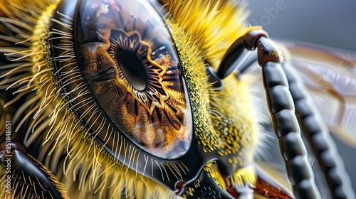 Incredibly detailed and sharp rendering of a bee's eye. Emphasizing the intricate patterns and colors of the iris. Delicate eyelashes and clear cornea Provides bright and realistic images