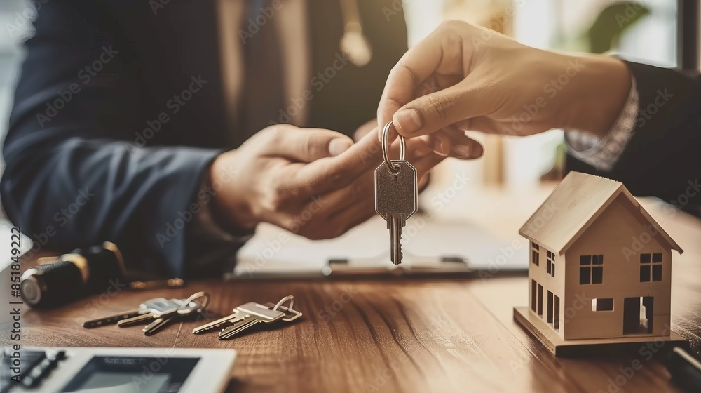 © Irina Ukrainets - Real estate agent handing over the house keys to a client in an office setting. Conceptual image symbolizing property ownership, real estate transactions, or investment. Professional stock photo. AI