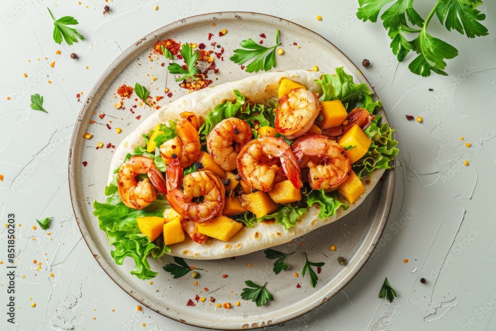 Traditional Venezuelan Colombian Arepa with shrimp, mango pieces and lettuce lies on a ceramic plate. Flat lay. Copy space. Light background. Concept: street food, organic food, gluten free. Traditional Venezuelan Colombian Arepa with shrimp, mango pieces and lettuce lies on a ceramic plate. Flat lay. Copy space. Light background. Concept: street food, organic food, gluten free.