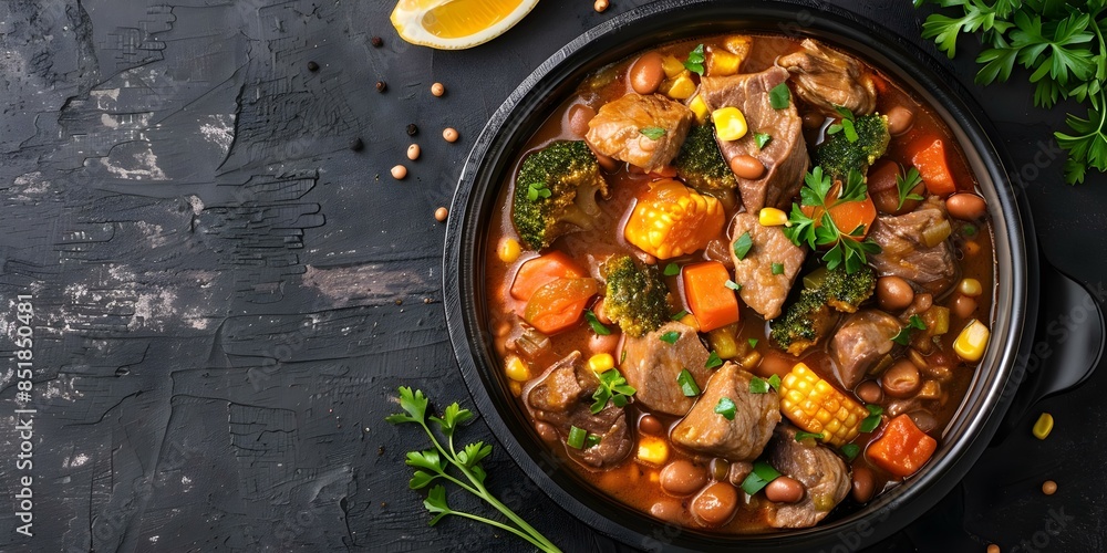 Hearty Stew Recipe with Corn, Beans, Meats, Squash, and Vegetables Infused with Spices. Concept Stew Recipe, Hearty, Corn, Beans, Meats, Squash, Vegetables, Spices Hearty Stew Recipe with Corn, Beans, Meats, Squash, and Vegetables Infused with Spices. Concept Stew Recipe, Hearty, Corn, Beans, Meats, Squash, Vegetables, Spices