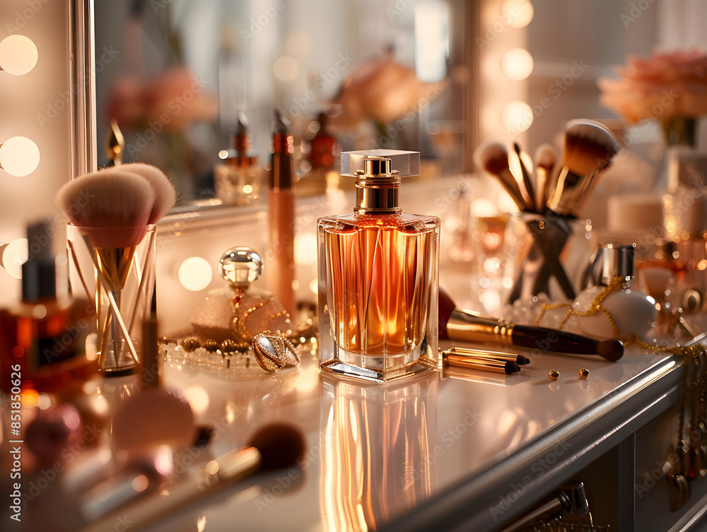 Elegant Arrangement of Perfume Bottle, Makeup Brushes, and Jewelry on Vanity with Studio Lighting Elegant Arrangement of Perfume Bottle, Makeup Brushes, and Jewelry on Vanity with Studio Lighting