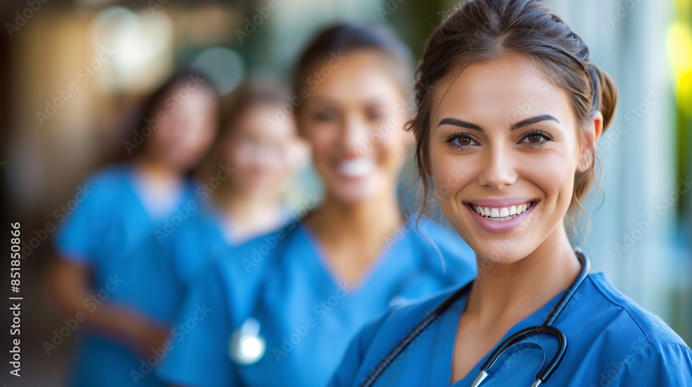Multiethnic smiling healthcare workers with scrub suits at a hospital Multiethnic smiling healthcare workers with scrub suits at a hospital