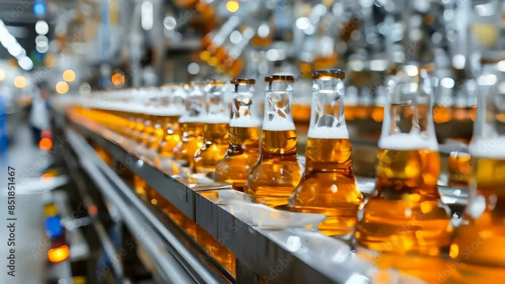 A row of beer bottles moving in a brewery's production line. Shallow depth of field A row of beer bottles moving in a brewery's production line. Shallow depth of field