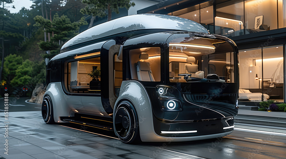 Obraz premium Car, AI, Self-Driving, Home-like big truck, a further big truck, open car, residential space. Generative AI.