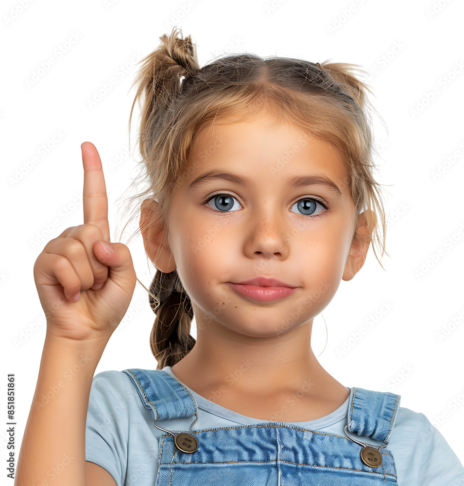 Girl raises finger up Attention please on isolated transparent background Girl raises finger up Attention please on isolated transparent background