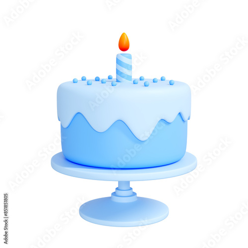 Blue birthday cake with a single lit candle isolated on white background. Creative cartoon design icon. 3D render illustration