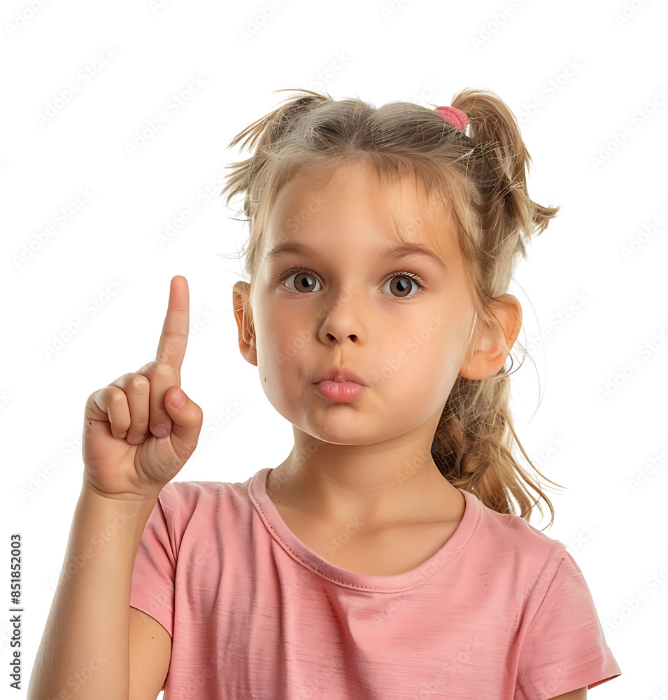Girl raises finger up Attention please on isolated transparent background Girl raises finger up Attention please on isolated transparent background